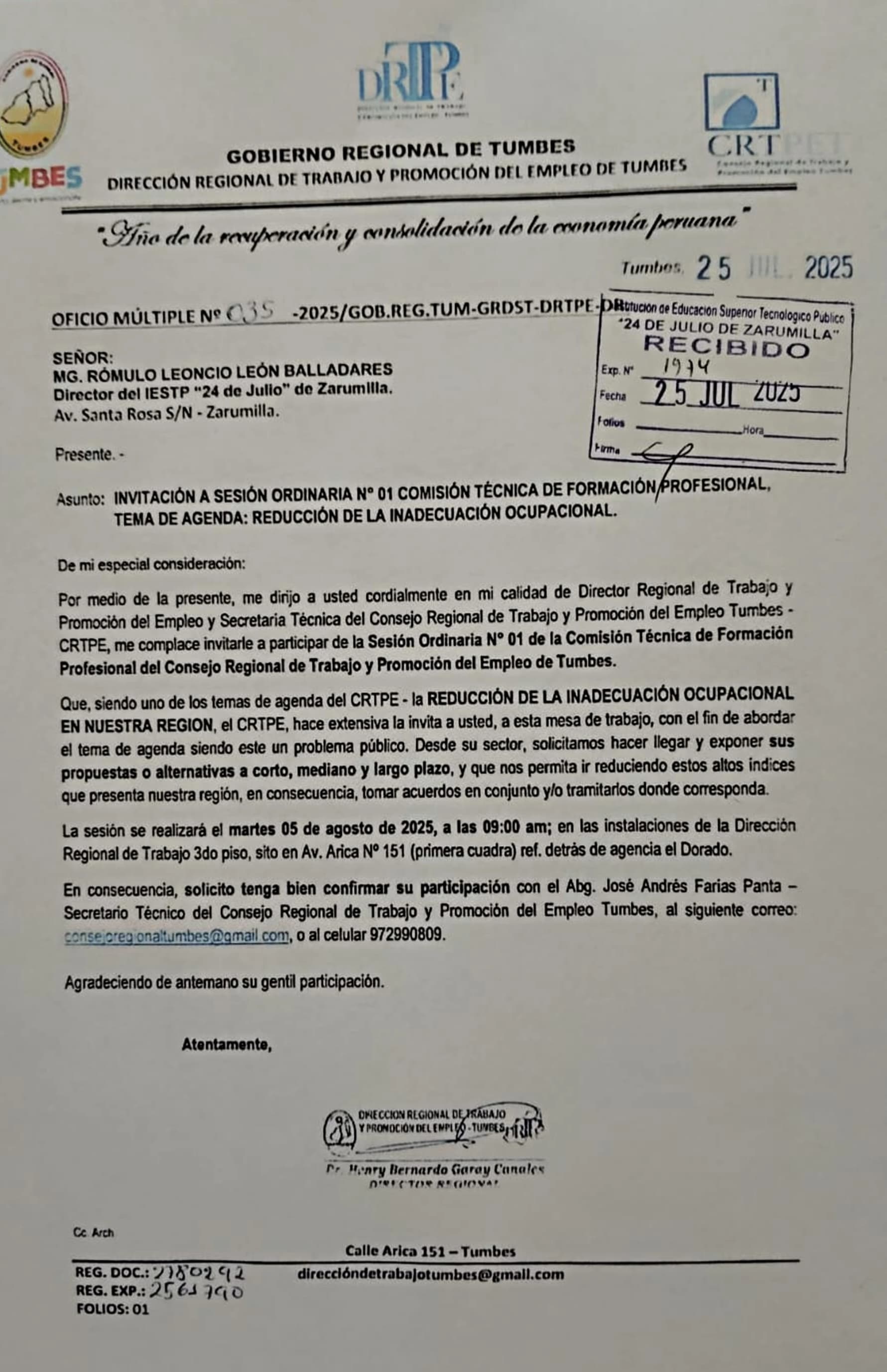 Invitación a Sesión Ordinaria de la Comisión Técnica de Formación Profesional – CRTPE